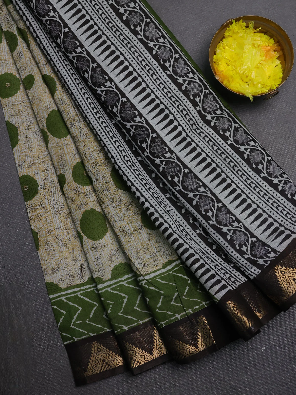 Semi Maheshwari Cotton Saree - Grey Light Green and Coffee Brown